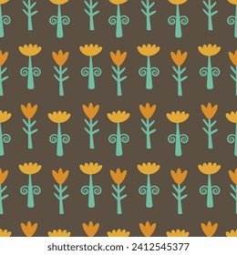 Seamless floral pattern in retro style. Simple cartoon yellow flowers on a dark brown background. Universal ornament for your design.