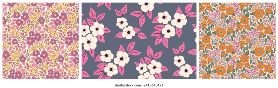 Seamless floral pattern, retro style decorative print in the collection. Botanical design in the 70s motif: small and large hand drawn flowers, leaves in an abstract composition. Vector illustration.