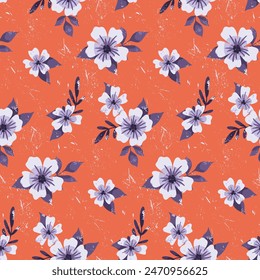 Seamless floral pattern, retro style ditsy print, abstract nature ornament. Stylish botanical design: hand drawn large flowers, small leaves, textured bouquets on red background. Vector illustration.