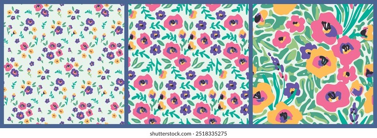 Patrón floral sin fisuras, estilo retro ditsy impresión, adorno abstracto de pradera de verano colorido. Diseño botánico artístico, textura del doodle: Pequeñas flores dibujadas a mano, hojas, hierba. Ilustración vectorial.