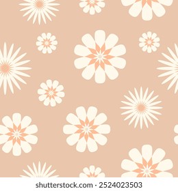 Um padrão floral sem costura em estilo retrô, papel de parede dos anos 70, margaridas geométricas branco creme em um fundo caramelo leve