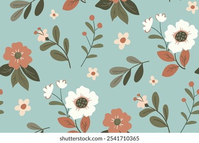 Seamless floral pattern, retro style ditsy print in hippie motif. Cute botanical design of simple hand drawn plants: small and large daisy flowers, leaves on blue background. Vector illustration.