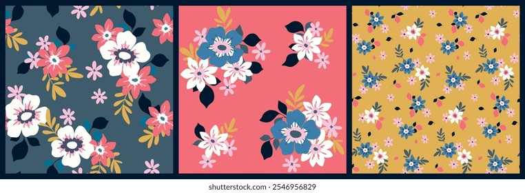 Seamless floral pattern, retro style ditsy print, abstract ornament of decorative art plants in folk motif. Botanical design, hand drawn flowers, leaves, simple small bouquets. Vector illustration.