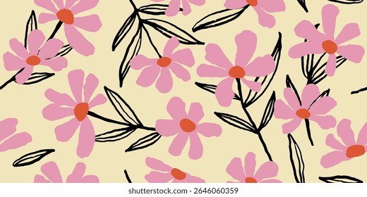 Padrão floral contínuo, estilo retro impressão ditsy com flores decorativas cabeça. Fundo botânico da liberdade com pequenas flores rosa, botões desenhados à mão artística em um campo de luz. Ilustração vetorial.
