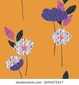 Nahtloses Blumenmuster, Retro-Stil botanischen Druck mit großen Blumen, strukturierte Dekor. Nettes florales Design von handgezeichneten Mohnblumen, große Blätter auf gelbem Hintergrund. Vektorgrafik.