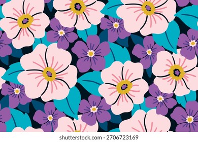 Seamless floral pattern, retro style ditsy print with large daisies. Cute botanical design of hand drawn white, purple flowers, blue leaves in abstract composition. Vector illustration.