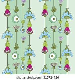 Seamless floral pattern in retro style. Vertical striped background with decorative floral elements.