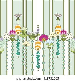 Seamless floral pattern in retro style. Striped background with decorative floral elements.