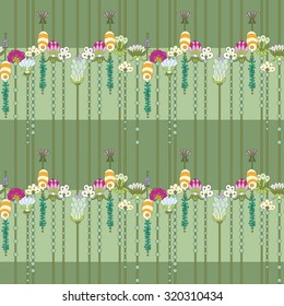 Seamless floral pattern in retro style. Horizontal striped background with decorative floral elements.