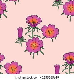 Seamless floral pattern retro vintage inspiration. Pink and orange flowers, ideal for printing on fabric, objects, wallpaper, digital use. Vector illustration.