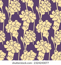 Patrón floral sin soldadura; retro, dibujo vintage impreso en dos colores. Elegante diseño de superficie botánica, adorno de plantas dibujadas a mano: flores de clavel, tallos sobre fondo morado. Ilustración vectorial.