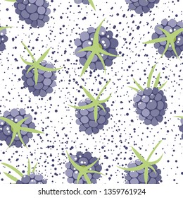 Seamless floral pattern with ripe bright blackpberries and dots on white background. Hand drawn vector texture illustration. Template for print, textile, wallpaper cover, plant design