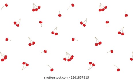Seamless floral pattern with ripe cherries and leaves on the white background. Vector endless ornamental design.