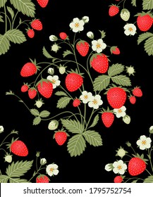 Seamless floral pattern. Ripe strawberry with fruits and flowers on a black background. Vector illustration.