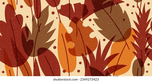 Seamless floral pattern with risograph effect. Autumn background with leaves. Trendy risograph style. Botanical background. Grain texture. Collage with leaves. Vector minimalist retro style texture