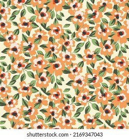 Seamless floral pattern with romantic blooming meadow in retro style. Gentle ditsy print, trendy botanical background with hand drawn plants, yellow flowers, small leaves. Vector illustration.