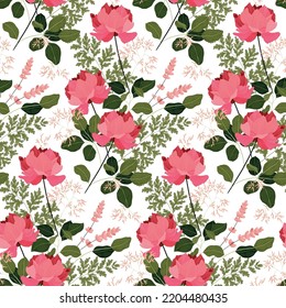 Seamless floral pattern, romantic botanical print with large pink flowers, hand drawn wild plant branches, leaves on a white background. Gentle floral surface design. Vector illustration.