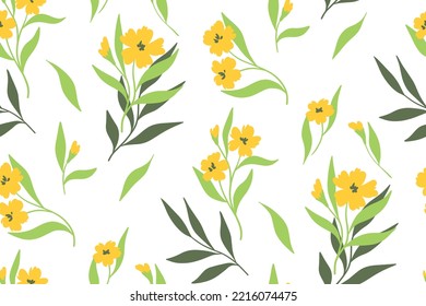 Seamless floral pattern, romantic botanical print with hand drawn wild plants in abstract arrangement on white background. Cute flower design with small yellow flowers, leaves. Vector illustration.