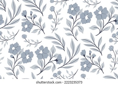 Seamless floral pattern, romantic botanical print with decorative wild plants in rustic, folk style. Pretty flower design with blue flowers, branches, leaves on a white background. Vector illustration