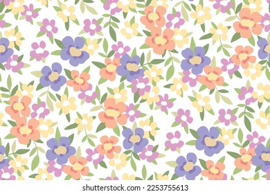 Seamless floral pattern, romantic botanical print with small plants in delicate light colors. Cute ditsy design with small hand drawn flowers, leaves on white background. Vector illustration.