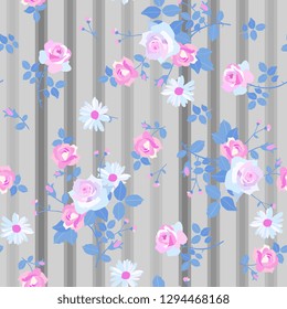Seamless floral pattern with romantic bunches of rose and daisy flowers on striped grey background. Print for fabric.