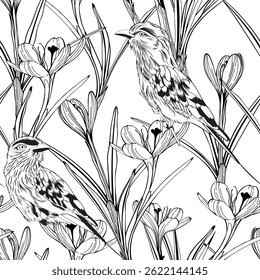 Seamless floral pattern. Romantic Crocus and delicate bitds will suit print on fabric, Wallpaper, wrapper and design.
