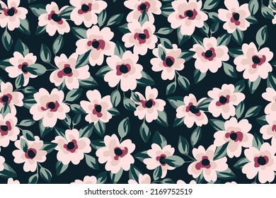 Seamless floral pattern, romantic ditsy print with small white flowers, leaves on a dark field. Trendy botanical background, feminine surface design with tiny hand drawn botany. Vector illustration.