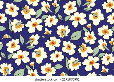 Seamless floral pattern, romantic ditsy print with small drawing plants in retro style. Cute botanical background with tiny white flowers, leaves on a blue field. Vector illustration.