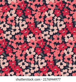 Seamless floral pattern, romantic ditsy print with artistic meadow, red and pink flowers. Beautiful botanical background with small hand drawn plants, flowers, leaves. Vector.