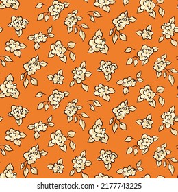 Seamless floral pattern, romantic ditsy print with small decorative rose flowers in retro style. Cute botanical background with tiny outline flowers, leaves on an orange field. Vector illustration.