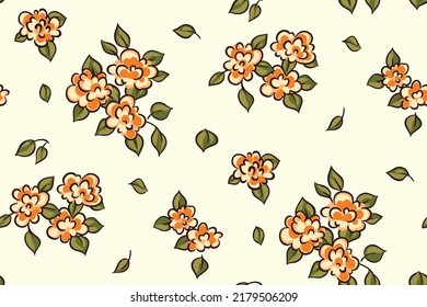 Seamless floral pattern, romantic ditsy print with blooming decorative roses on a white surface. Cute botanical background with small flowers, leaves in liberty composition. Vector.