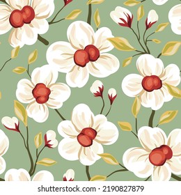 Seamless floral pattern, romantic ditsy print with hand drawn decorative plants in vintage style. Beautiful botanical background design with flowering branches, white flowers, small leaves. Vector.