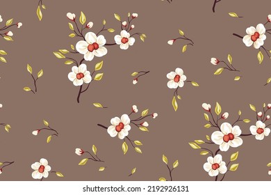 Nahtlose Blumenmuster, romantische, düstere Drucke im Vintage-Stil. Delikater botanischer Hintergrund mit kleinen Blumen auf Ästen, fallende Blätter. Oberflächendesign mit handgezeichneten Pflanzen. Vektorgrafik.