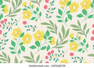 Seamless floral pattern, romantic ditsy print with folk motifs. Pretty botanical background with wild flowers, leaves, herbs, branches in an abstract composition on a white surface. Vector.