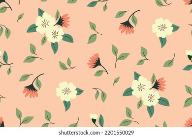 Seamless floral pattern, romantic ditsy print with an abstract composition of their small plants on a pink background. Modern botanical design with cute hand drawn flowers, leaves. Vector.