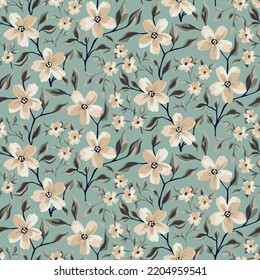 Seamless floral pattern, romantic ditsy surface design with gentle flowers branches on a light blue background. Cute botanical print with drawing wild plants: flowers, small leaves on branches. Vector