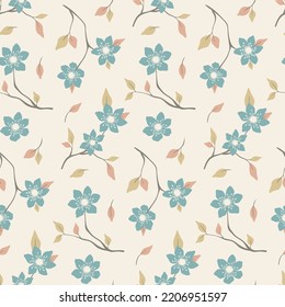 Seamless floral pattern, romantic ditsy print with decorative art blooming branches. Abstract botanical arrangement of small twigs with blue flowers, leaves on a light background. Vector illustration