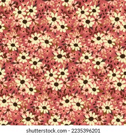 Seamless floral pattern, romantic ditsy print with liberty flower field in delicate colors. Cute flower design with small hand drawn flowers, leaves on a soft pink background. Vector illustration.