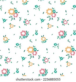 Impresión floral sin foco, estampado romántico con ramos pequeños en un fondo blanco. Diseño floral con flores pequeñas dibujadas a mano, hojas en disposición de libertad. Ilustración vectorial.