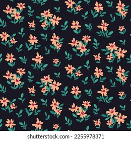 Seamless floral pattern, romantic ditsy print with small flowers, leaves. Cute botanical design with hand drawn botany: tiny flowers, foliage on a dark black background. Vector illustration.