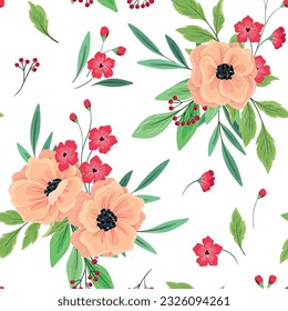 Nahtlose Blumenmuster, romantischer, düsterer Druck mit rustikalen Bouquets. Delikates botanisches Design mit handgezeichneten Frühlingspflanzen: rosafarbene Blumen, Blätter, Äste auf weißem Hintergrund. Vektorgrafik.