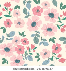 Seamless floral pattern, romantic ditsy print in delicate pastel colors. Cute botanical design: small hand drawn flowers,  leaves abstract on white. Vector flower fashion ornament, illustration.