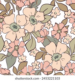 Seamless floral pattern, romantic ditsy print in a retro motif. Pretty botanical design, abstract ornament: hand drawn daisy flowers, small leaves, line art garden in pastel color. Vector illustration