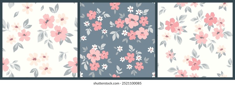 Seamless floral pattern, romantic ditsy print, abstract nature ornament in gentle country motif. Cute botanical design: small hand drawn flowers, tiny leaves, simple bouquets in pastel colors. Vector 