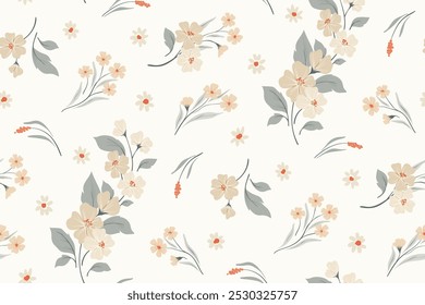 Seamless floral pattern, romantic ditsy print, abstract pattern in delicate pastel colors. Cute botanical design: small hand drawn flowers, tiny twigs, leaves on white. Vector illustration.