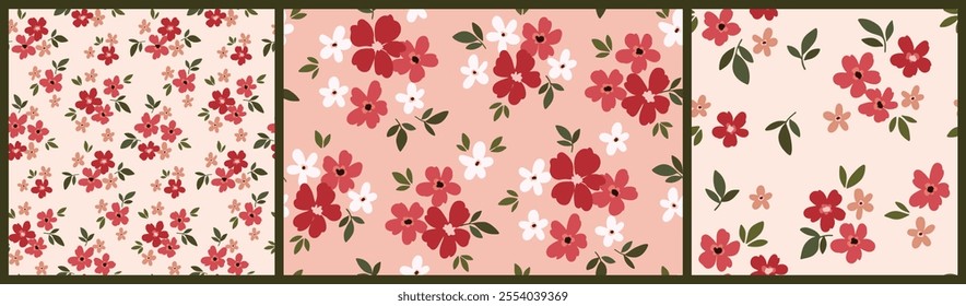 Seamless floral pattern, romantic ditsy print of mini hand drawn plants. Delicate botanical design in liberty style: small red flowers, tiny leaves, simple cute bouquets. Vector illustration.