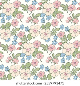 Seamless floral pattern, romantic ditsy print in delicate pastel colors. Cute botanical design of pretty small hand drawn flowers, tiny leaves, simple bouquets abstract. Vector illustration.