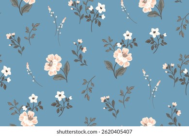 Motif harmonieux floral, imprimé romantique à pois sur fond vintage. Délicate conception botanique élégante de fleurs blanches dessinées à la main, petites feuilles, brindilles sur fond bleu. Illustration vectorielle.