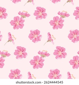 Padrão floral perfeito, impressão romântica com botões de sakura delicados. Design botânico bonito de flores rosa desenhadas à mão em composição abstrata. Impressão de moda feminina. Ilustração vetorial.