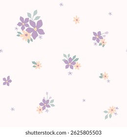 Padrão floral perfeito, impressão romântica de ditsy no estilo da liberdade. Design botânico bonito de pequenas flores desenhadas à mão, folhas minúsculas, buquês simples em cores pastel delicadas. Ilustração vetorial.